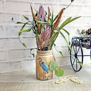 Blue Heron Vase Floral Arrangement Blue Heron Art Blue Egret Crane Decor